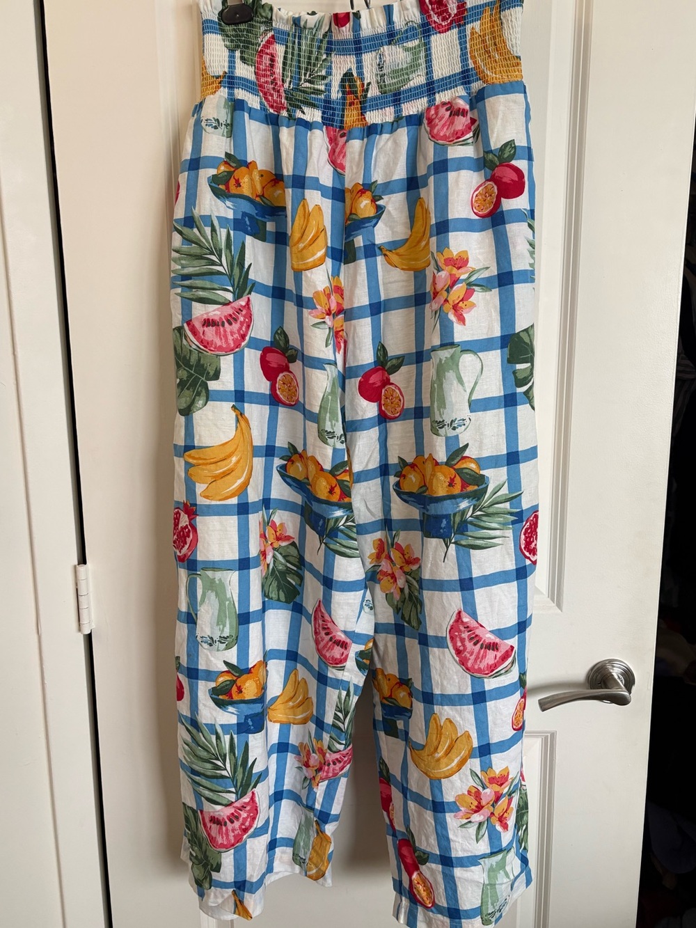 Linen Fruit Print Blue Plaid Tropical Print High Rise Wide-Leg Pants